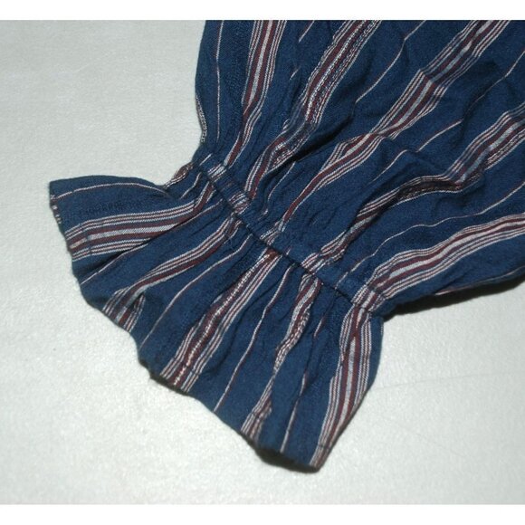 Wonderly Blue Striped Peplum Blouse Top Size L Ruffle Neckline Keyhole Neckline - Picture 8 of 11